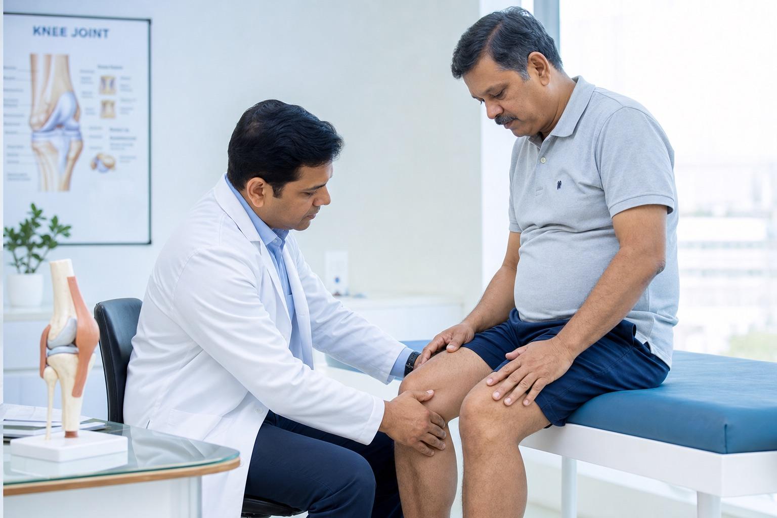Orthopedic specialist examining a patient's knee at Annapurna Orthopedic Clinic